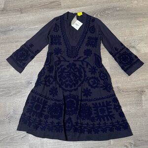 NWT ROLLER RABBIT Navy Mara Dress floral boho textured 3/4 sleeve XXS